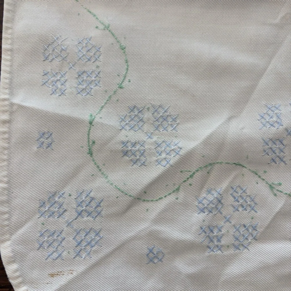 Vintage Ivory Cross Stitch Floral Table Runner Dresser Scarf 11x32 Blue Green